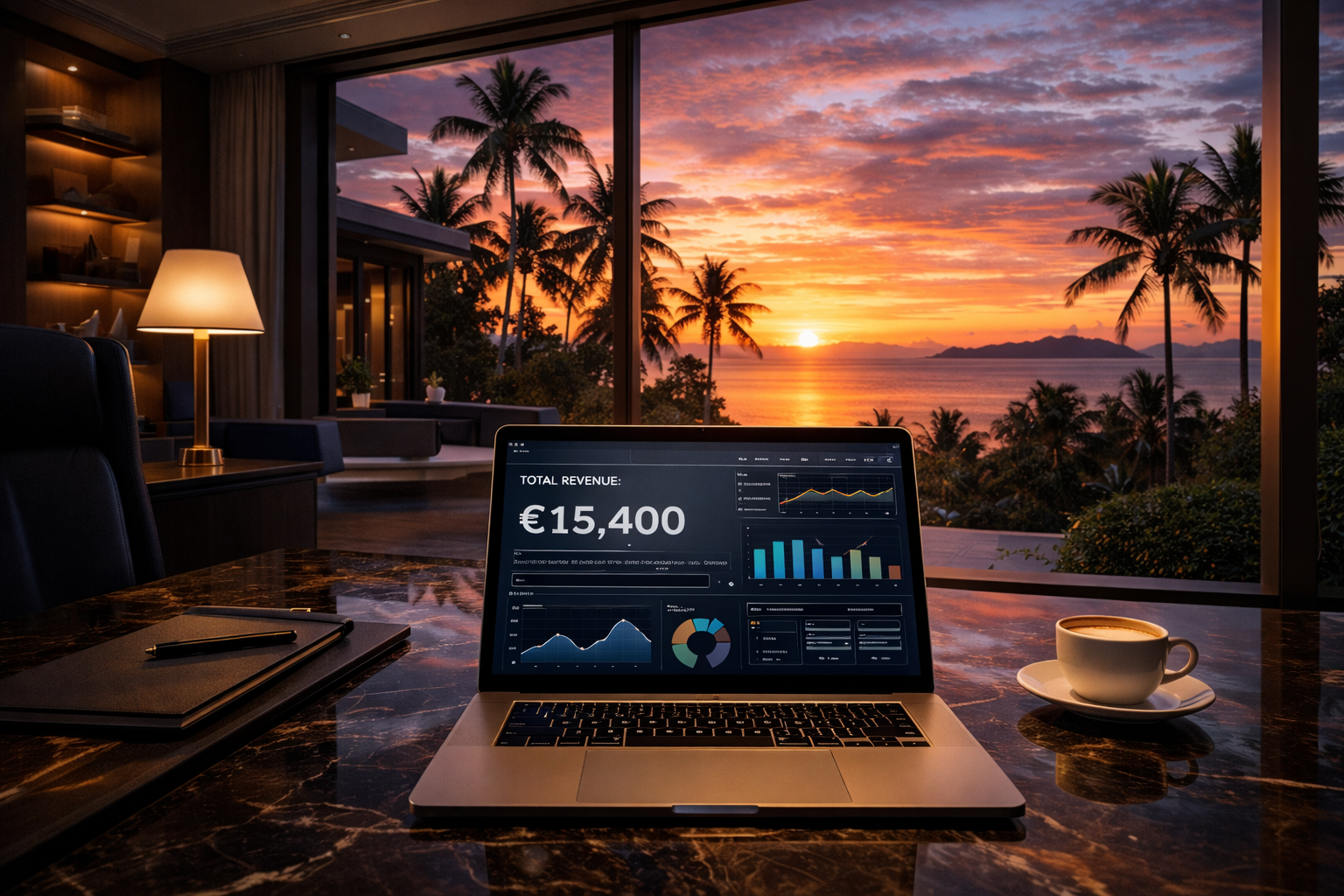 Laptop avec dashboard revenus au coucher de soleil